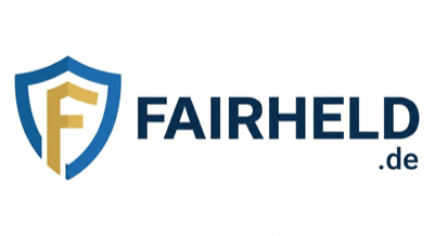 Blaues Schild-Logo mit goldenem "F" und dem Text "FAIRHELD .de" daneben.