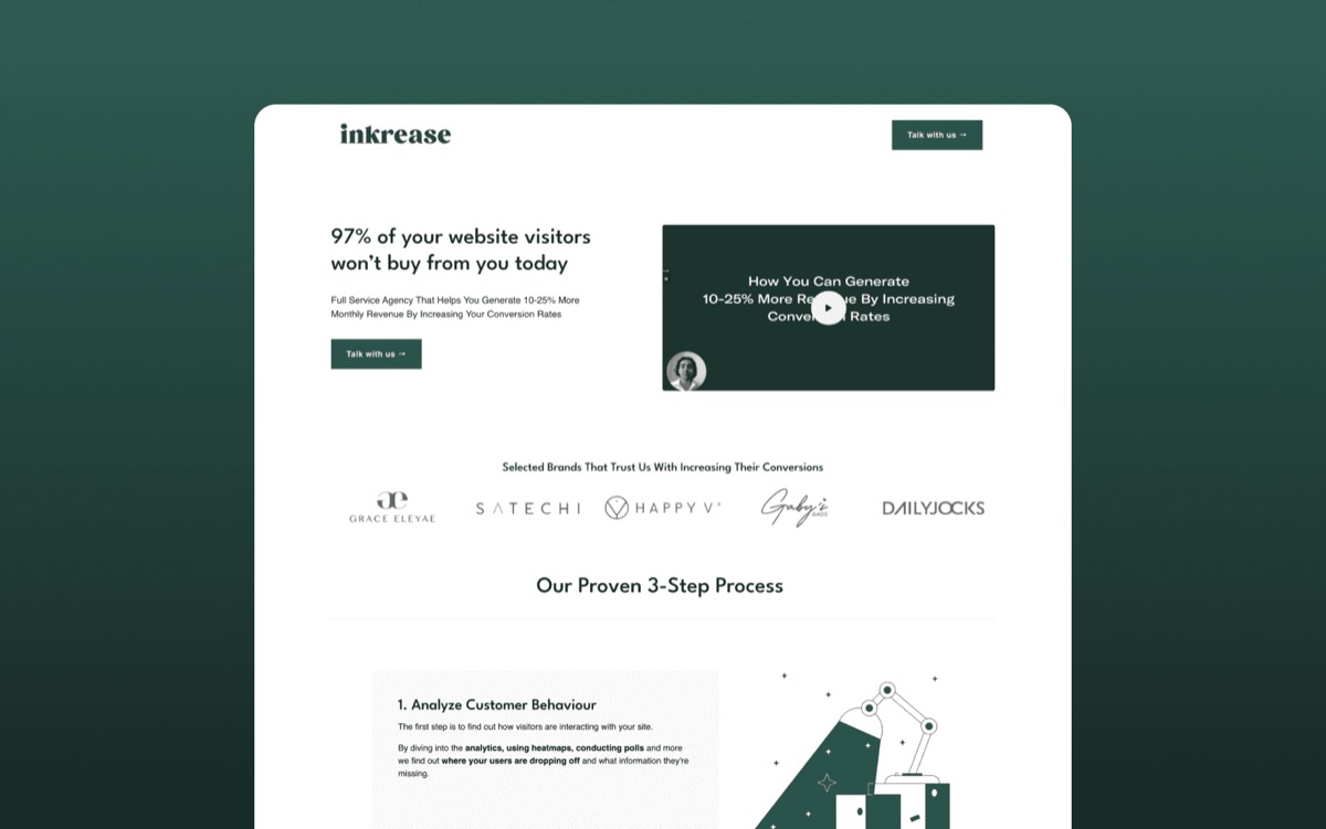 Screenshot der Inkrease-Website mit Text über Website-Besucher und einem 3-Schritte-Prozess.