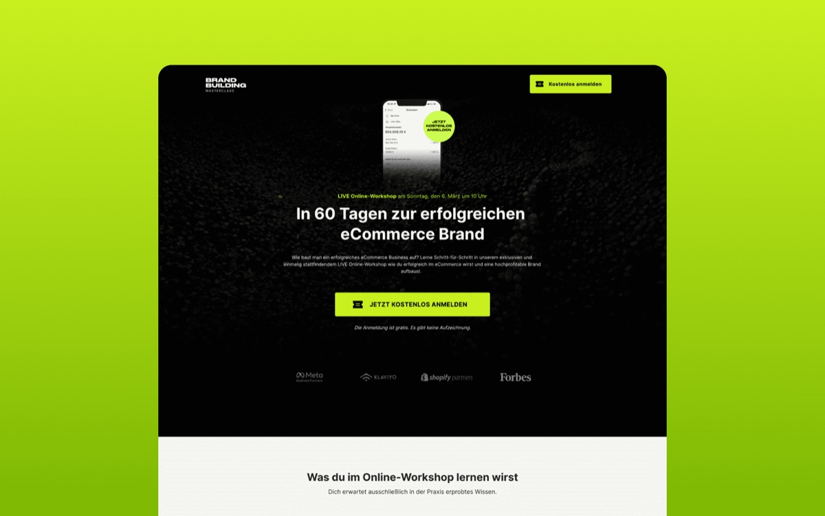 Bildschirm mit Text: "In 60 Tagen zur erfolgreichen eCommerce Brand", "JETZT KOSTENLOS MELDEN".