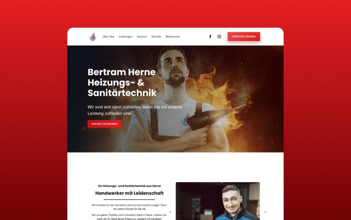 Screenshot der Bertram Herne Heizungs- & Sanitärtechnik Webseite mit einem Handwerker vor Flammen.