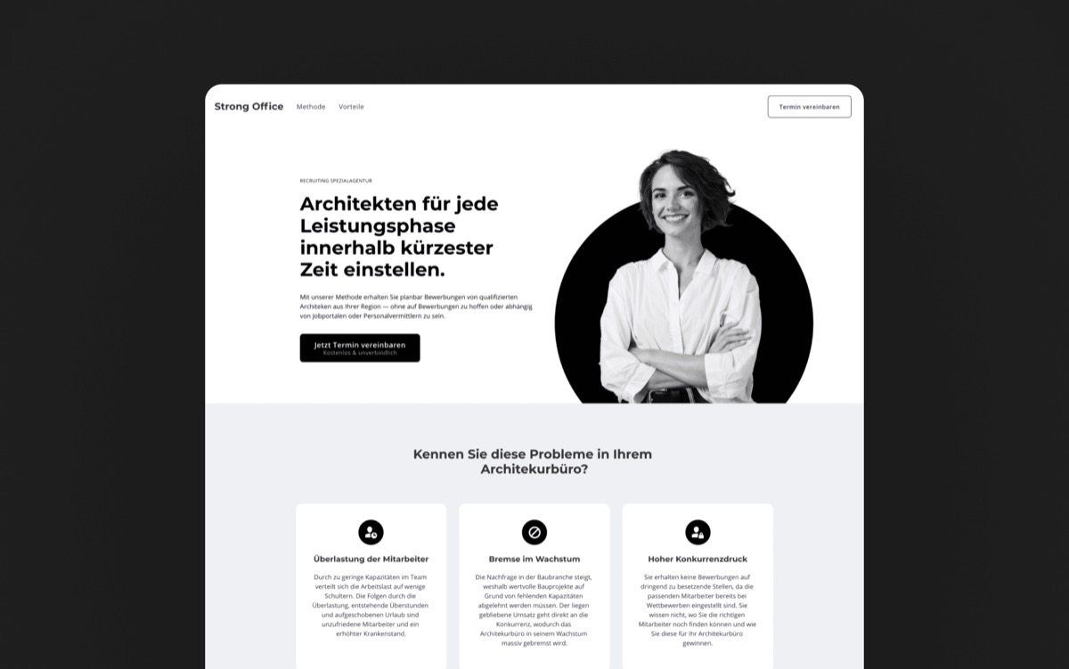 Startseite der Website "Strong Office" mit einer lächelnden Frau und dem Text "Architekten für jede Leistungsphase innerhalb kürzester Zeit einstellen".